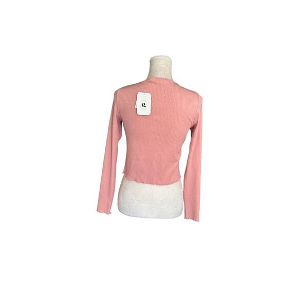Elodie Pink Ribbed Long Sleeve Tie-Front Crop Cardigan Sweater Top Size S NWT - Picture 2 of 10